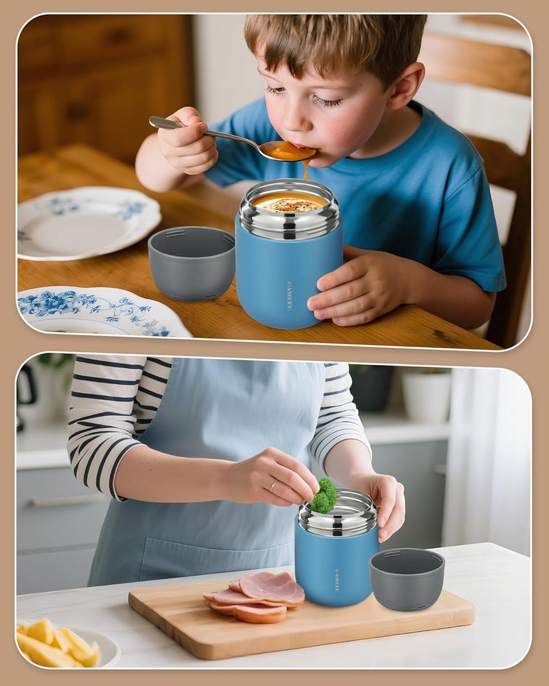 Haweek 17oz Soup Thermo for Hot Food Adults Insulated Food Jar Thermo Hot Food Lunch Container Wide Mouth Stainless Steel Lunch Box for Kids with Folding Spoon Cleaning Brush Gray Blue - Image 2